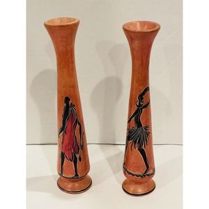 Hand Carved Candle Holder Soapstone W/ Painted Designs Set Of 2 Kenya 10” Red